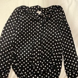 J Crew Black Blouse with White Polka Dots and Bow